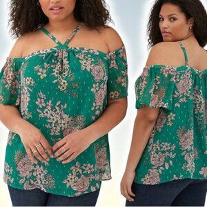 TORRID Cold Shoulder Crinkle Chiffon Floral Green Halter Top Sz Large